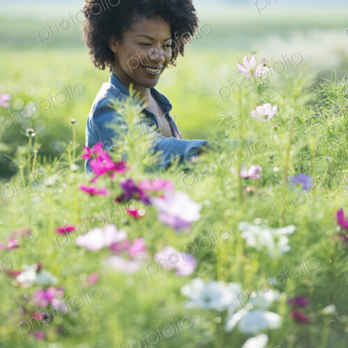 A woman standing among the flowers growing in the fields. A woman standing among the flowers growing in the fields.