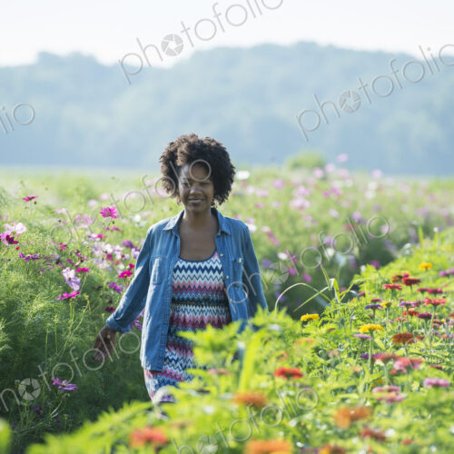 A woman standing among the flowers growing in the fields. Pink and white cosmos blooms.