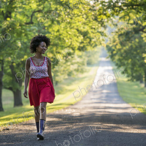 A woman walking down a tree lined path. A woman walking down a tree lined path.