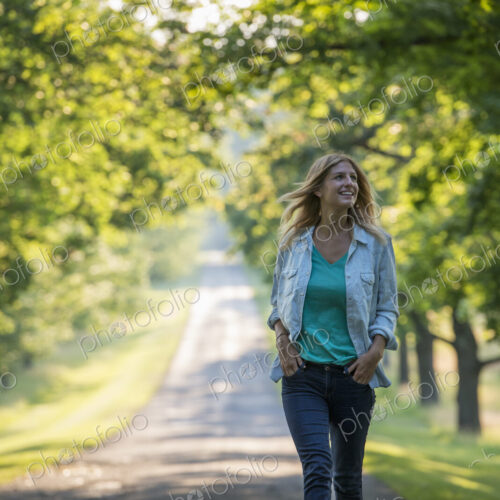 A woman walking down a tree lined path. A woman walking down a tree lined path.