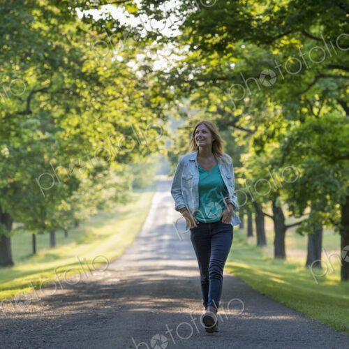 A woman walking down a tree lined path. A woman walking down a tree lined path.
