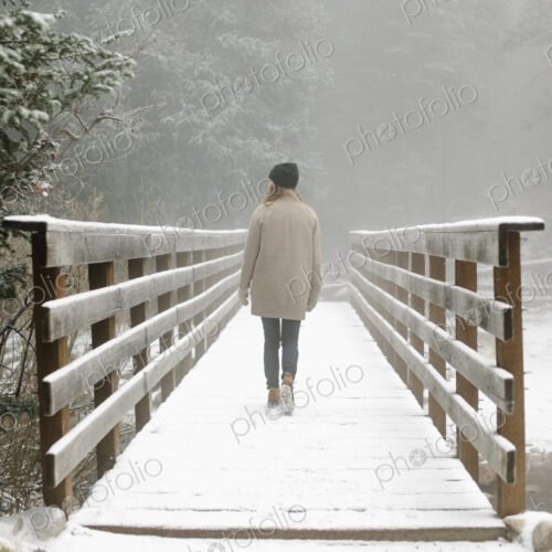A woman walking on a footbridge in the mountains in snow. A woman walking on a footbridge in the mountains in snow.
