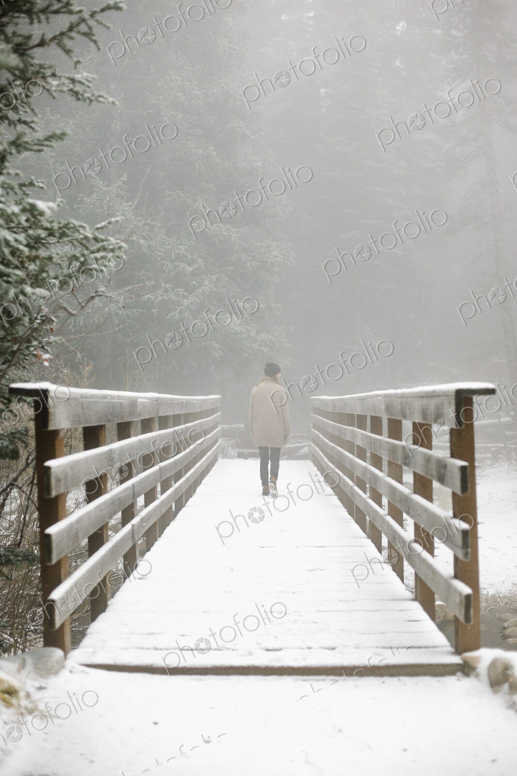 A woman walking on a footbridge in the mountains in snow.