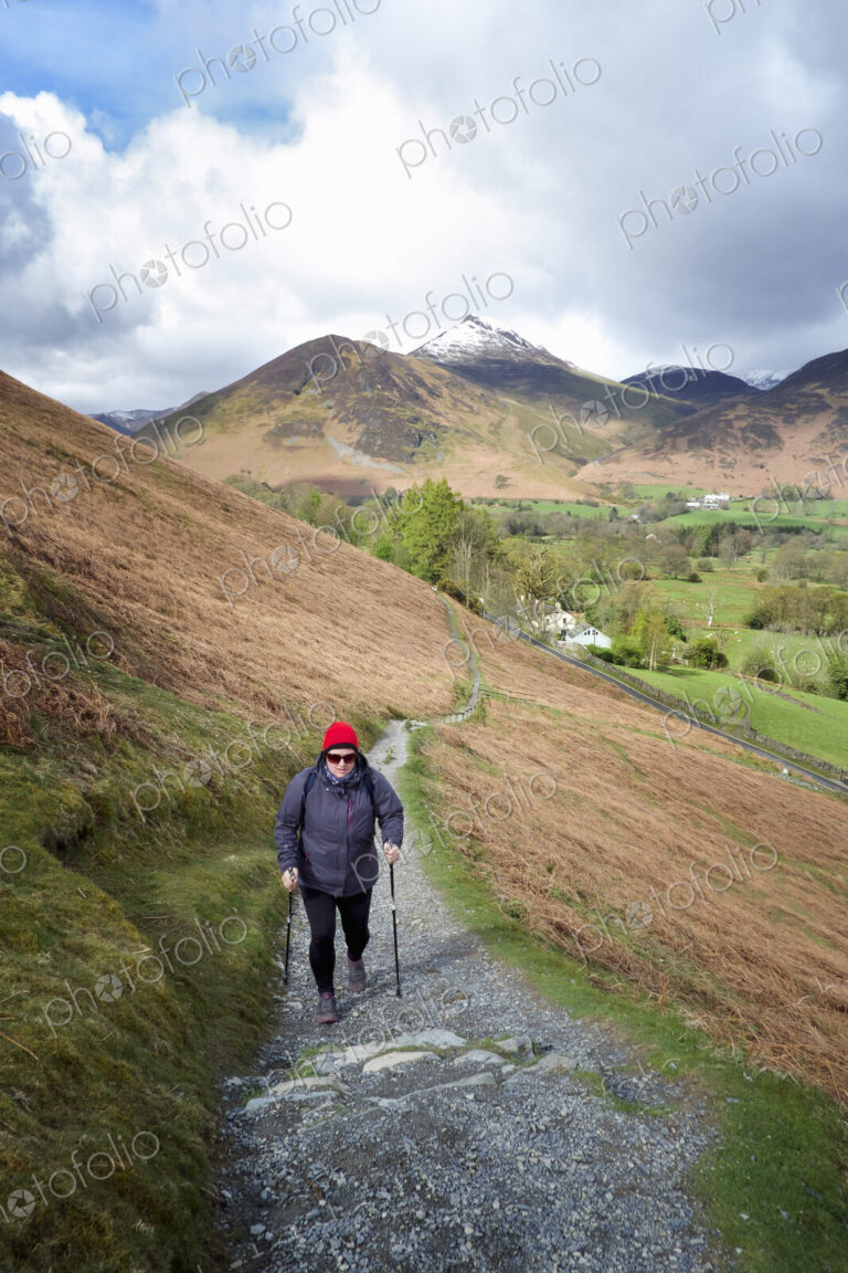 A woman walking up a path on a hillside in the Lake District with a trekking pole.