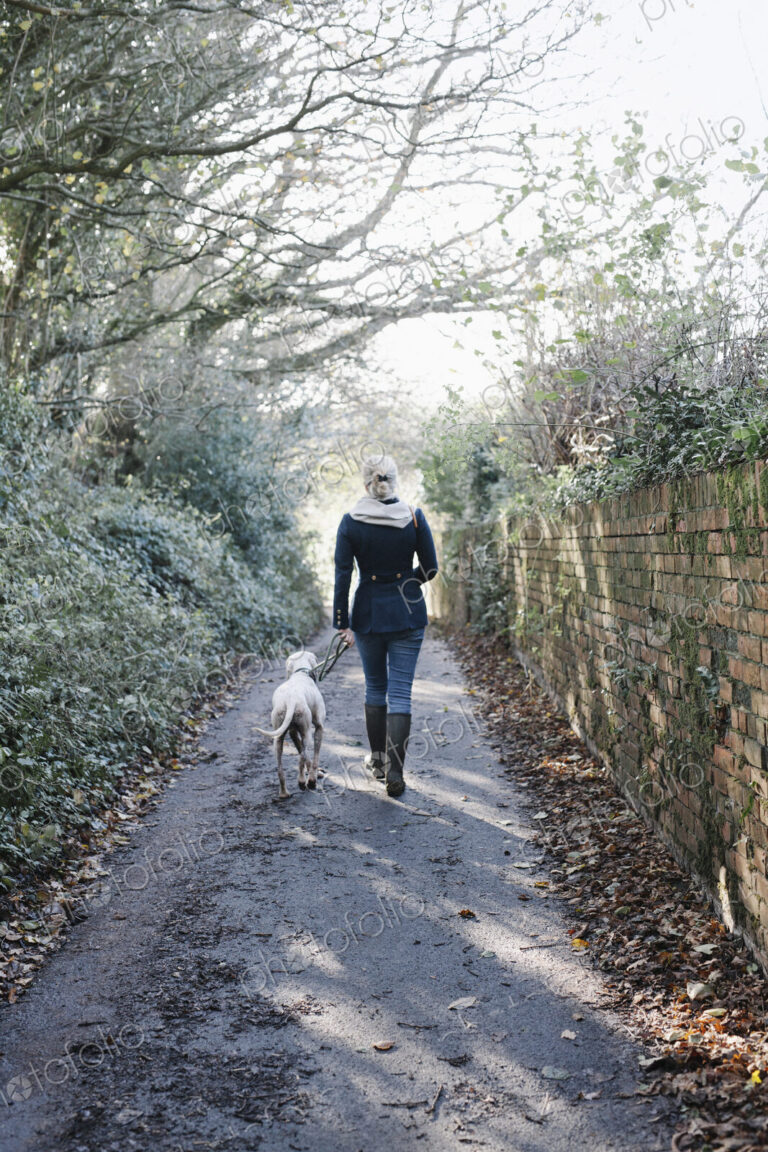 A woman walking with a dog on a country lane.