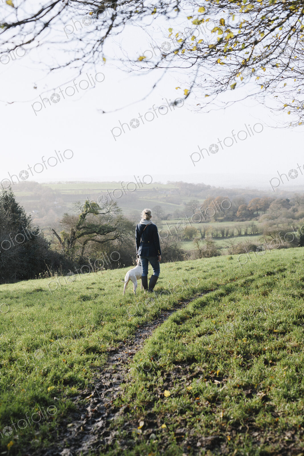 A woman walking with a dog on high ground overlooking the countryside.