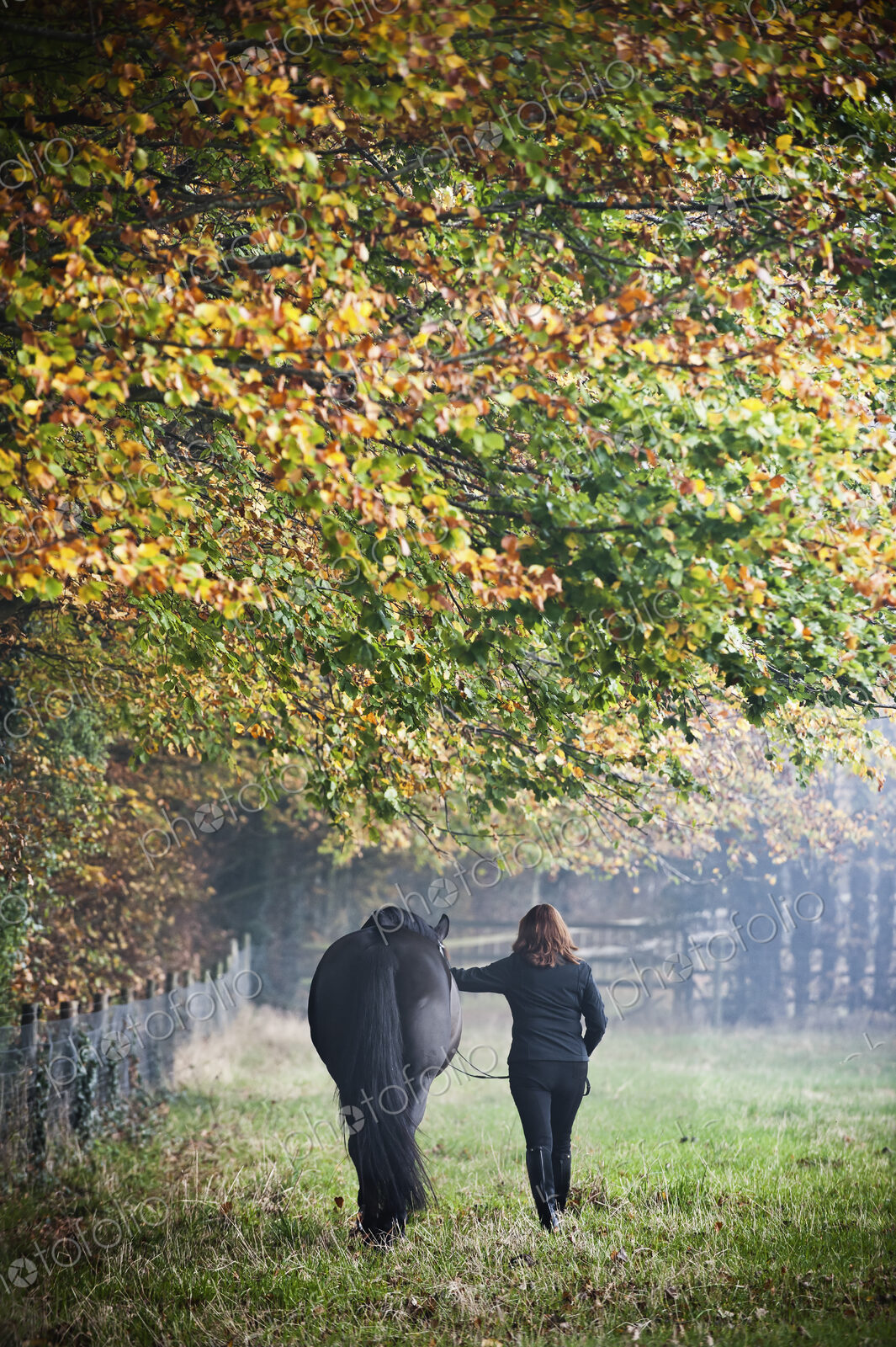 A woman walking with a horse in an autumn meadow.