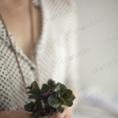 A woman wearing a dress and necklace, holding a small bunch of red and green plant…