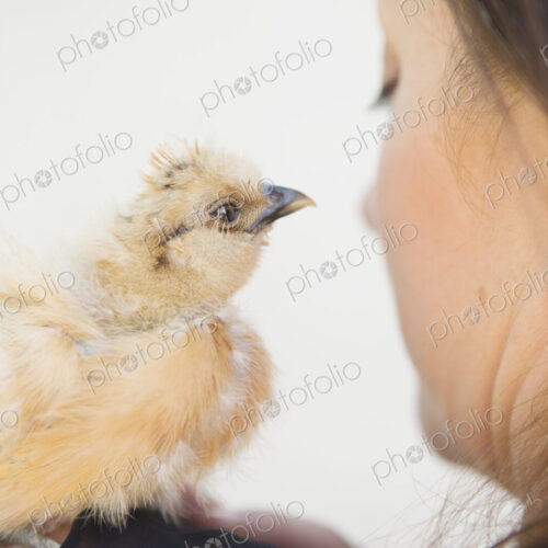 A woman with a small fluffy chick bird perched on her shoulder.