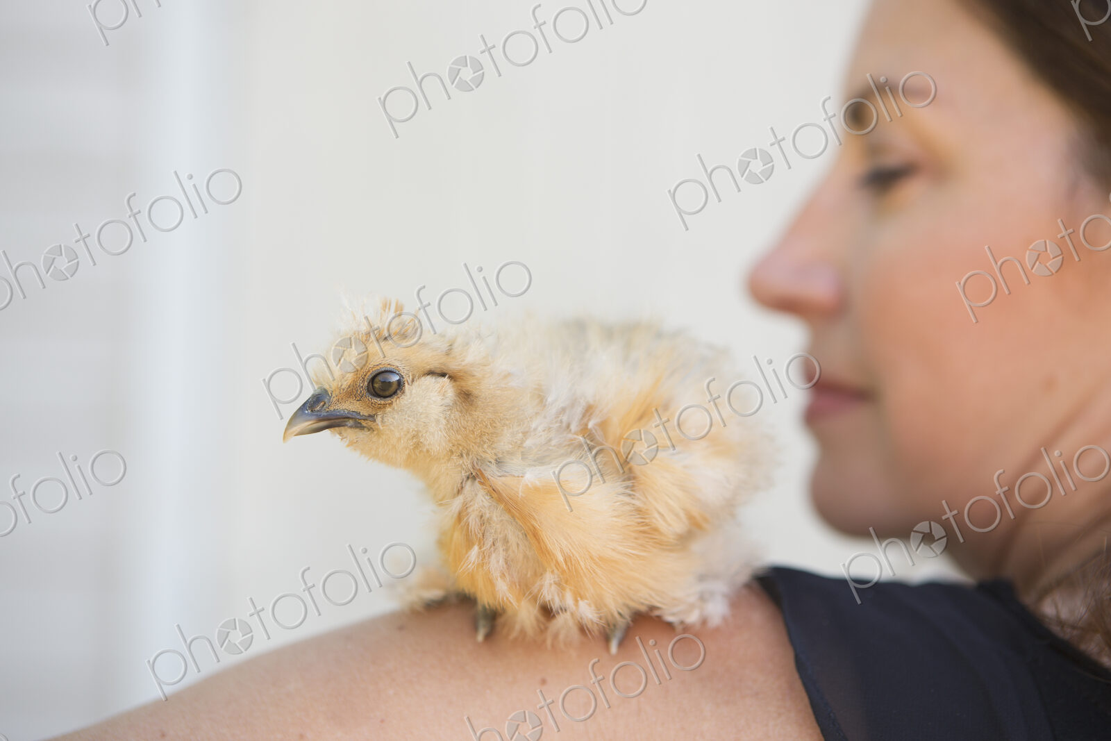 A woman with a small fluffy chick bird perched on her shoulder.