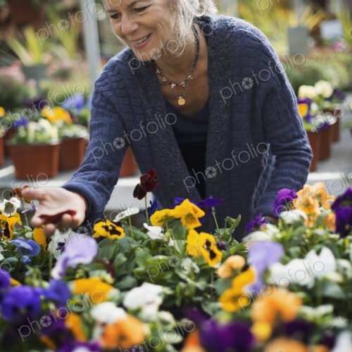 A woman working tending flowering plants on a workbench in a bin a glass house. A woman working tending flowering plants on a workbench in a bin a glass house.