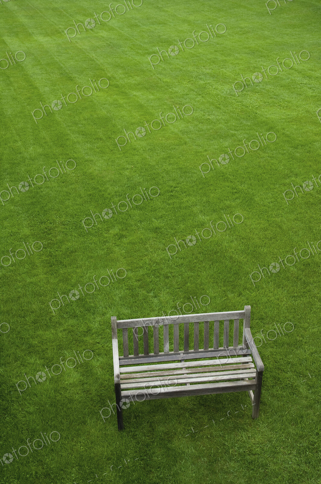 A wooden bench on a grass lawn.