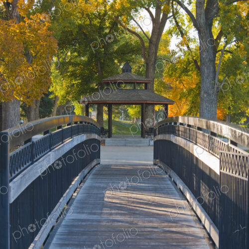 A wooden footbridge among trees, autumn colours in a park A wooden footbridge among trees, autumn colours in a park
