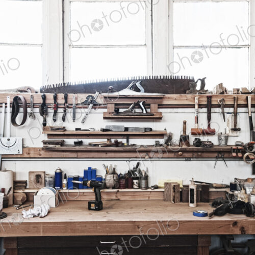 A work station with tools in a woodworking factory.