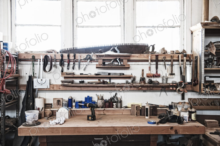A work station with tools in a woodworking factory.