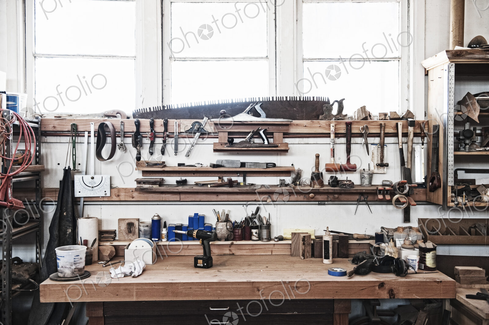 A work station with tools in a woodworking factory.