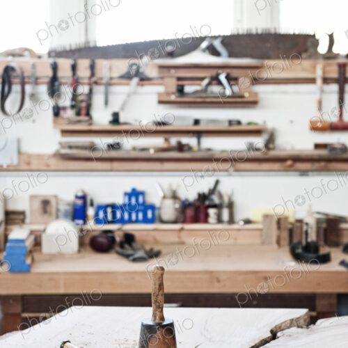 A work station with tools in a woodworking factory.