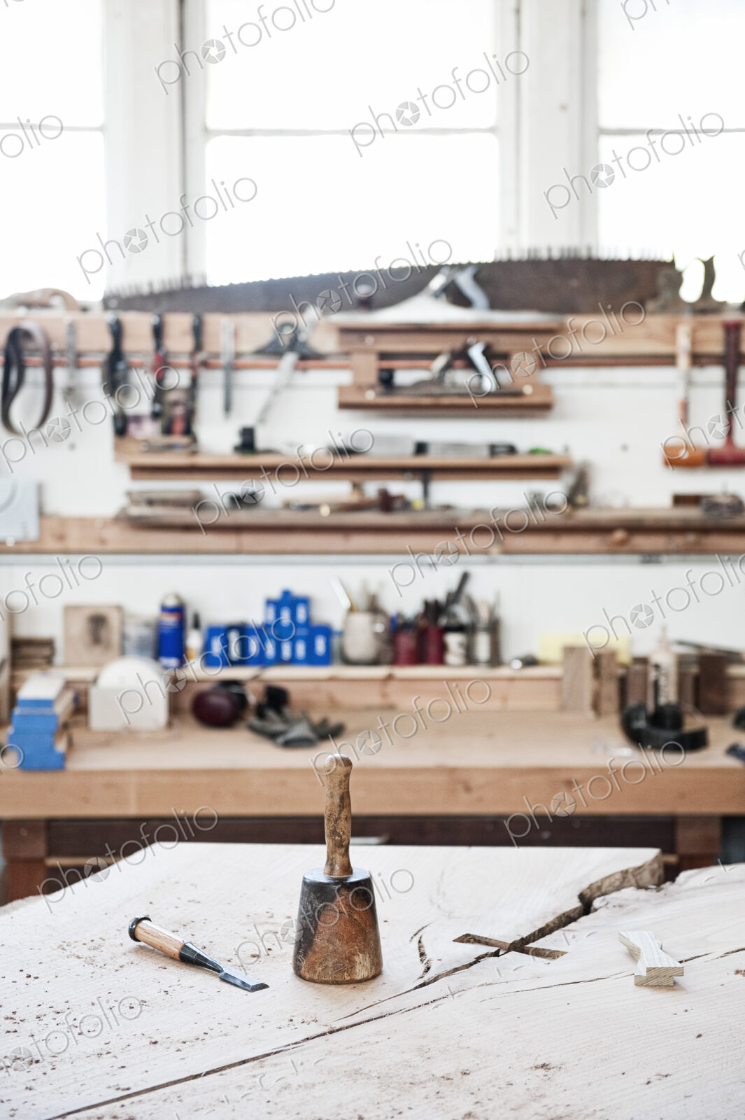 A work station with tools in a woodworking factory.