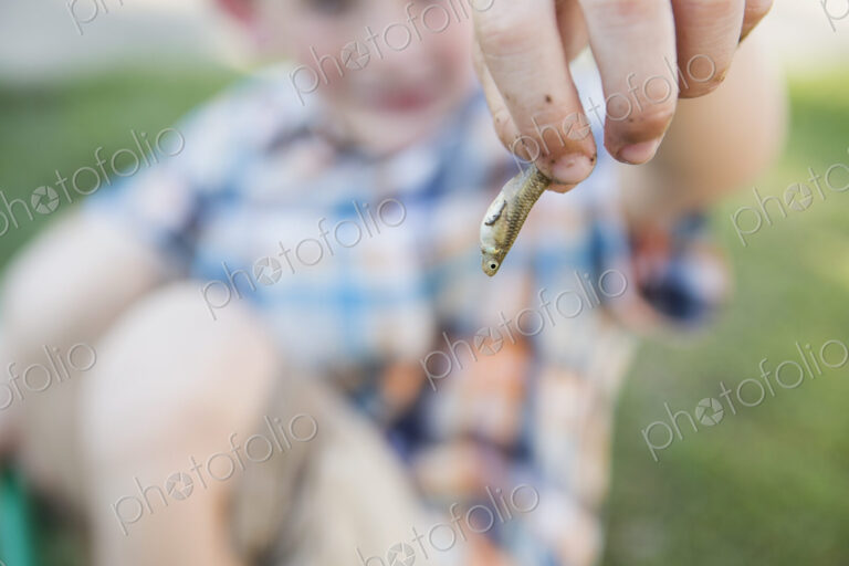 A young boy holding a small fish in his fingers.