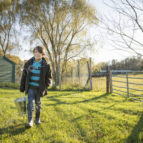 A young boy in an animal paddock, holding a bucket of feed. Animal sanctuary.