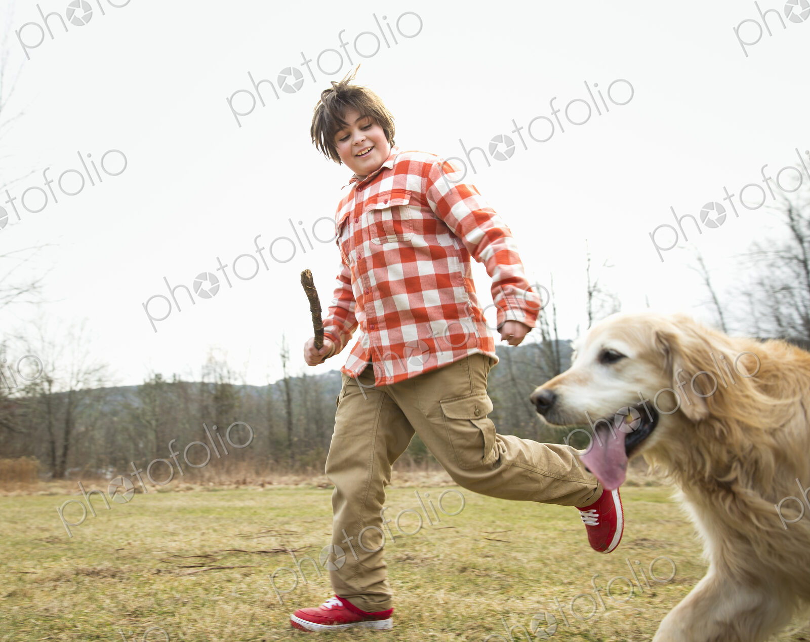 A young boy outdoors on a winter day, holding a stick and running with a golden…