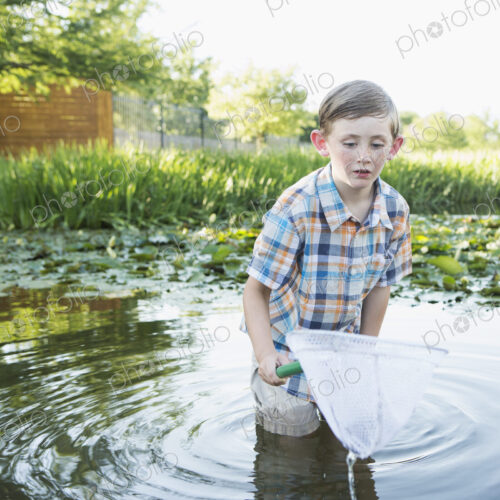 A young boy standing thigh deep in water, with a fishing net. A young boy standing thigh deep in water, with a fishing net.