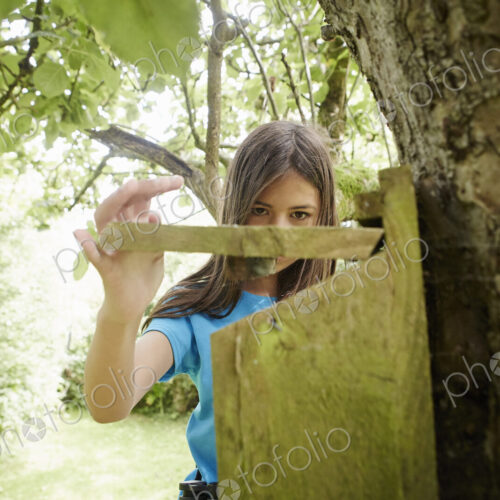 A young girl, a birdwatcher, checking a nesting box on a tree trunk.