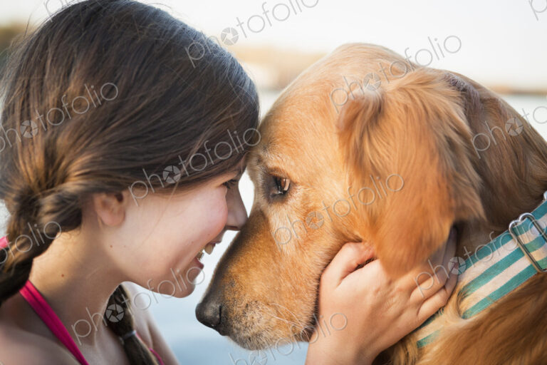 A young girl and a golden retriever dog, nose to nose.