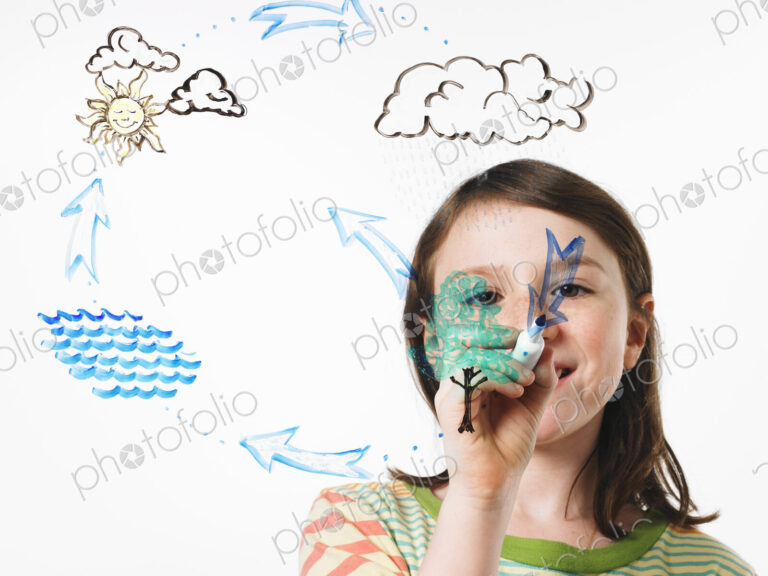 A young girl drawing the water evaporation cycle on a clear see through surface with a…