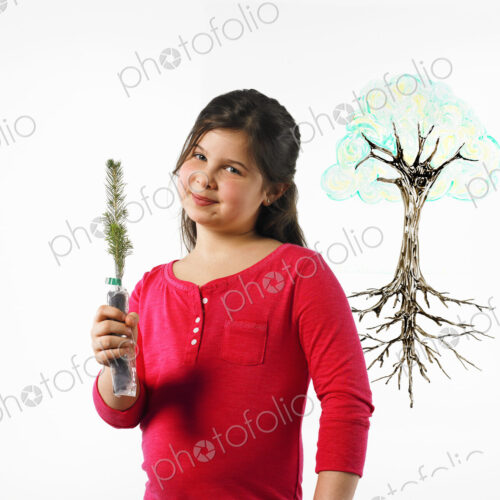 A young girl holding a small evergreen seedling. An illustration of a plant with roots…