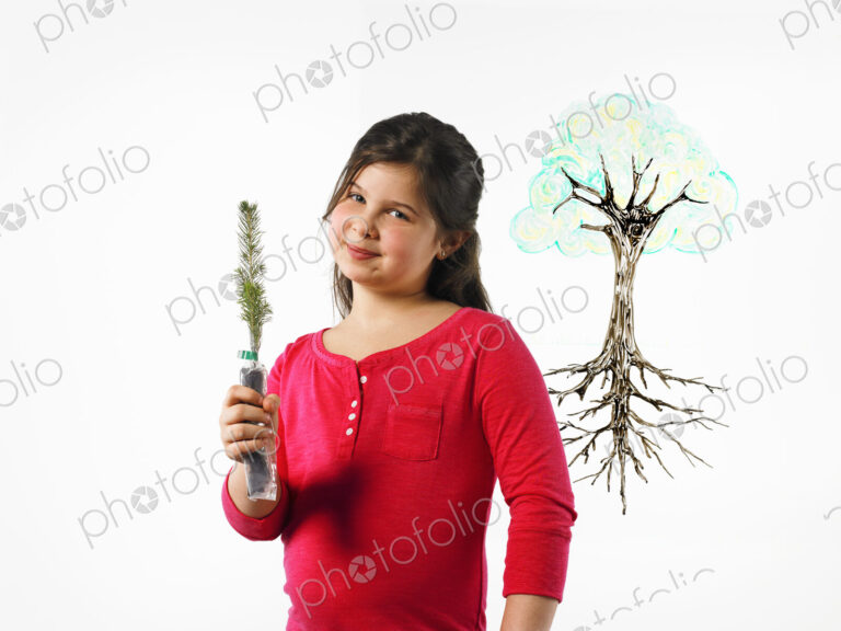 A young girl holding a small evergreen seedling. An illustration of a plant with roots…