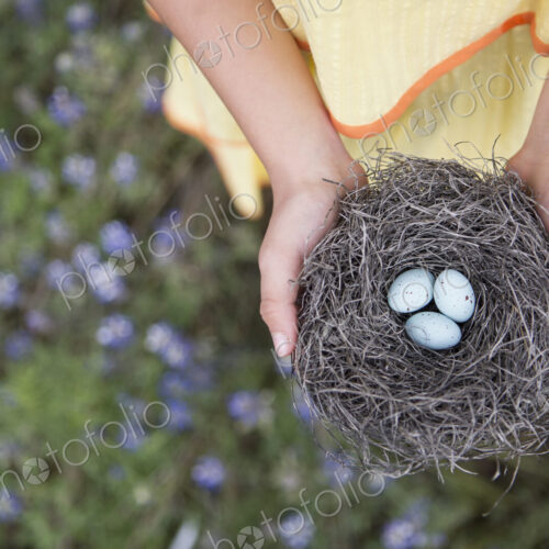 A young girl holding out a woven bird nest with three small eggs.