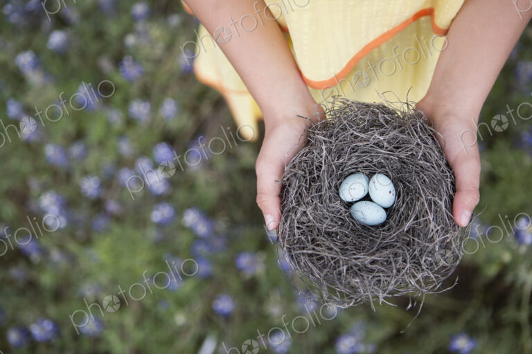 A young girl holding out a woven bird nest with three small eggs.