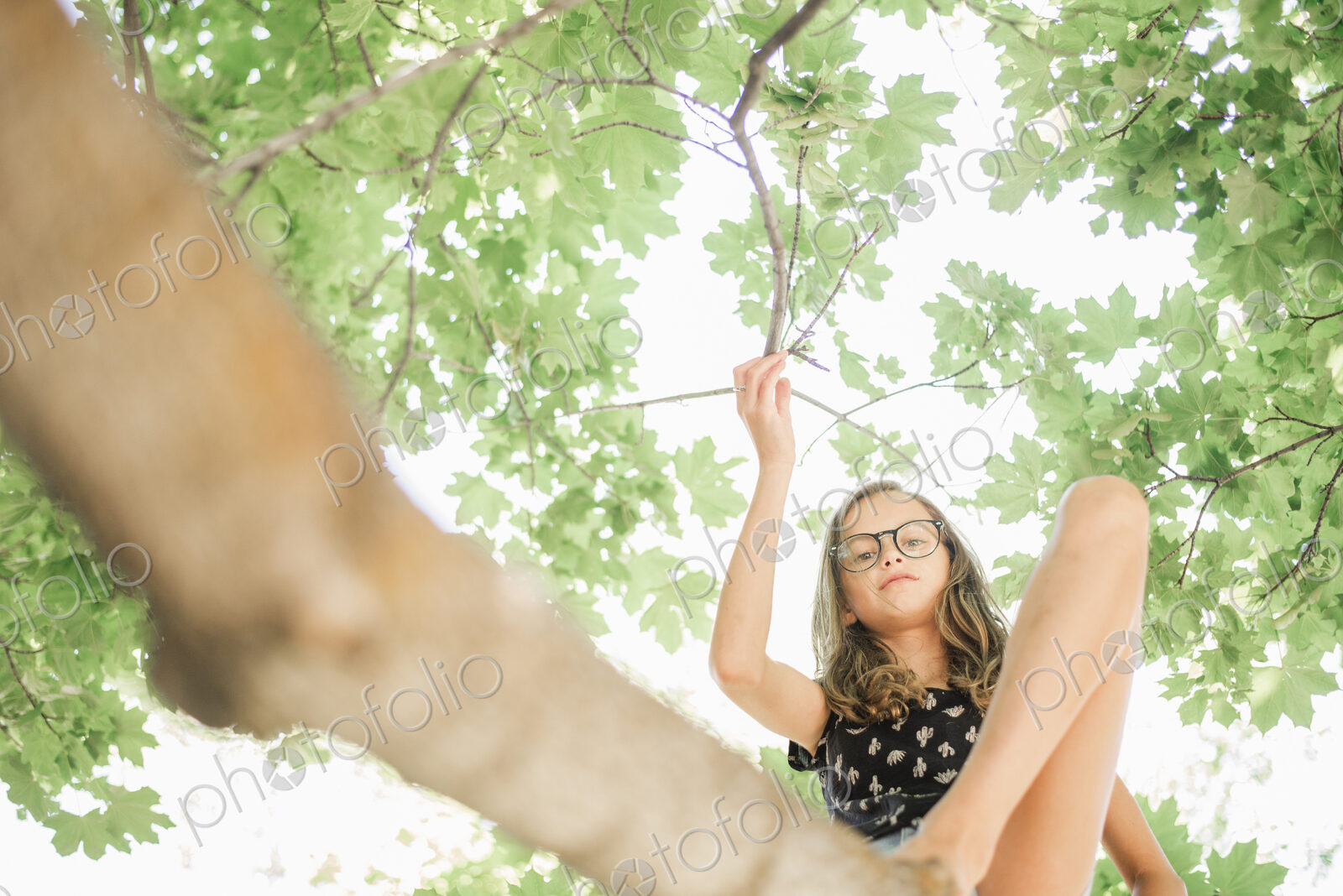 A young girl in shorts sitting on a high tree branch under a canopy of green leaves.