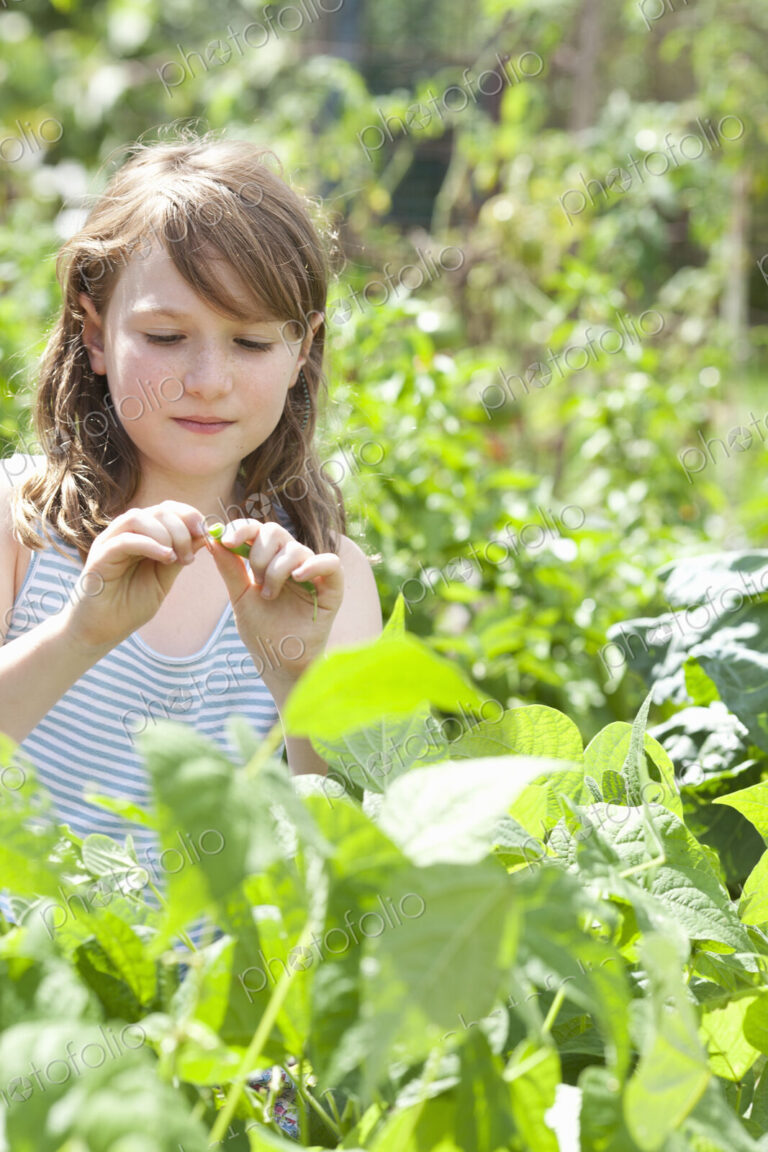 A young girl sitting in among the fresh green foliage of a garden. Vegetables and…