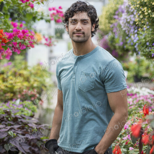 A young man working in a greenhouse full of flowering plants. A young man working in a greenhouse full of flowering plants.
