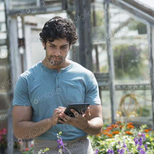 A young man working in a plant nursery, surrounded by flowering plants. A young man working in a plant nursery, surrounded by flowering plants.