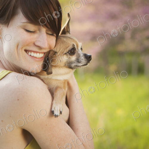 A young woman in a grassy field in spring. Holding a small chihuahua dog in her arms.…