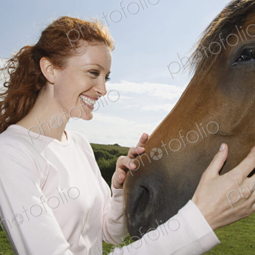 A young woman stroking the muzzle of a bay horse. A young woman stroking the muzzle of a bay horse.