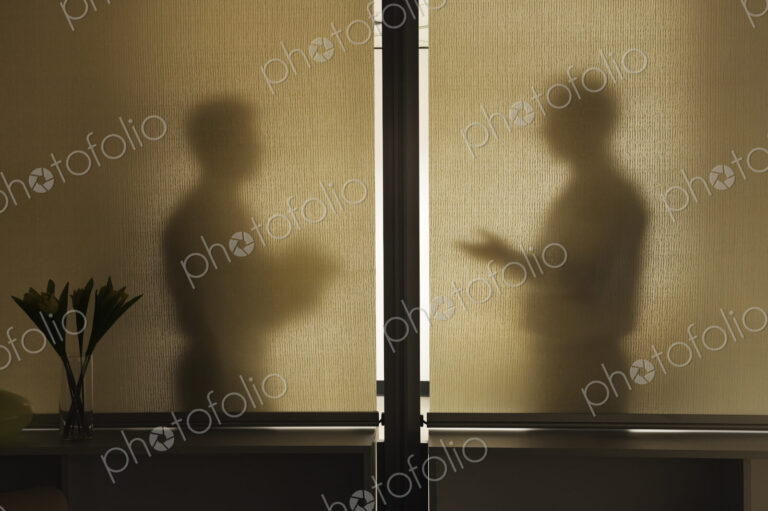 Abstract shadows of two businessman in a meeting behind a window.