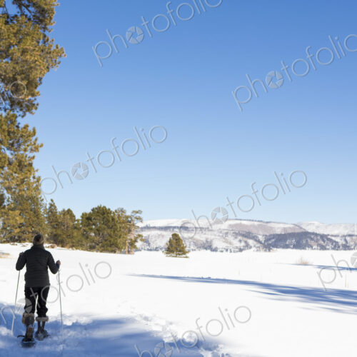 Adult woman wearing snow shoes with poles on a trail.