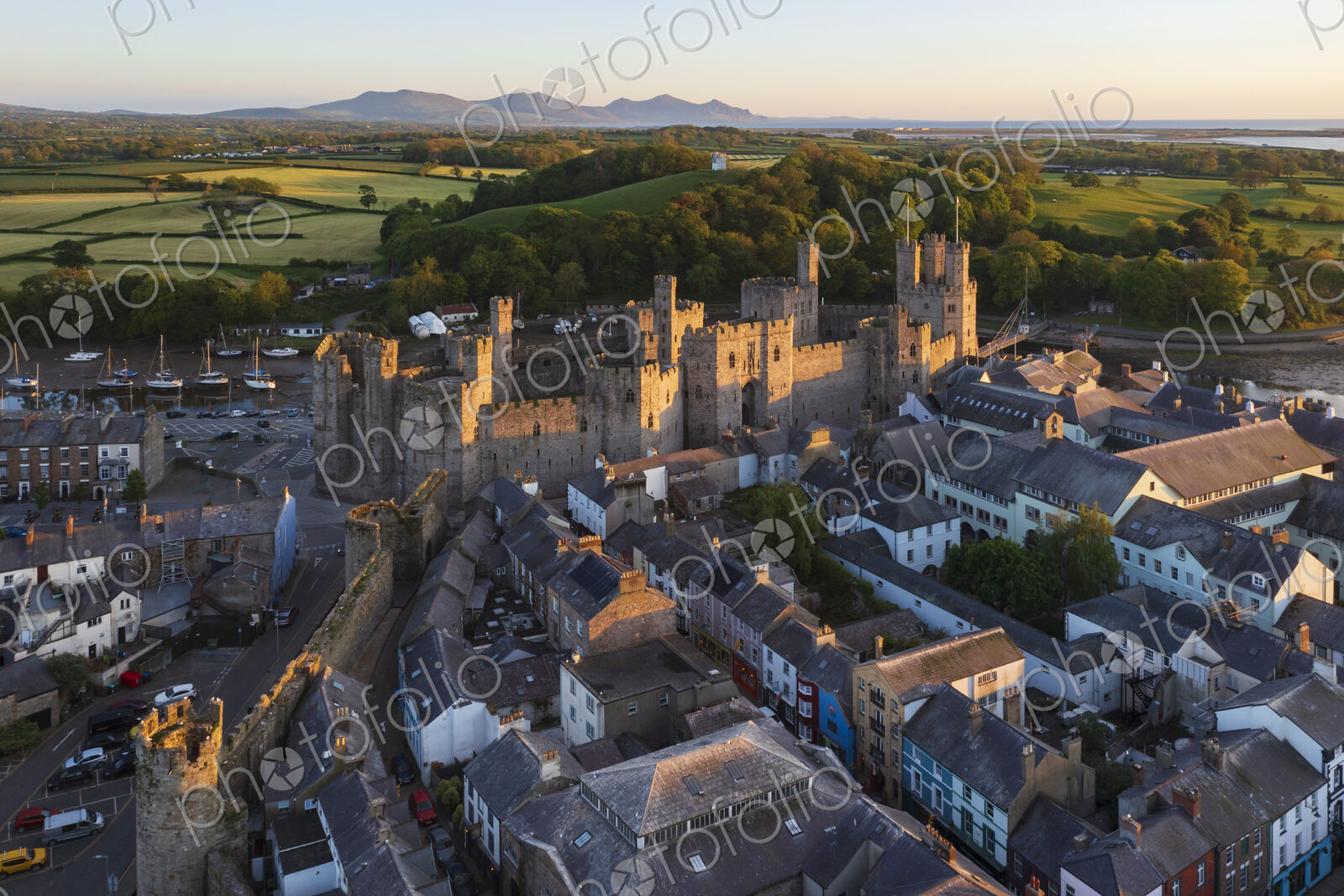 Aerial View of Caernarfon Castle and the Walled City
