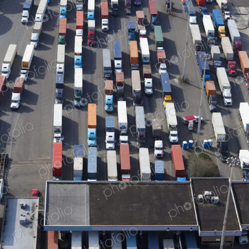 Aerial View of Semi Trucks At Port