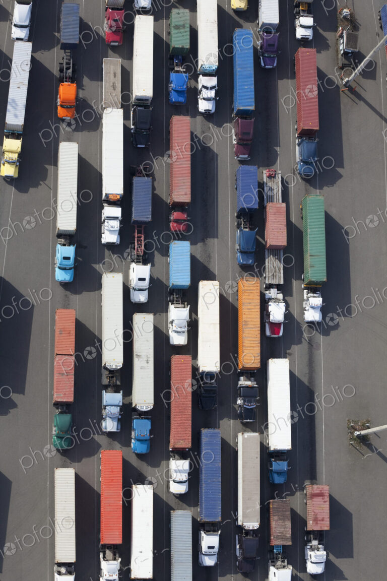Aerial View of Semi Trucks at a Port