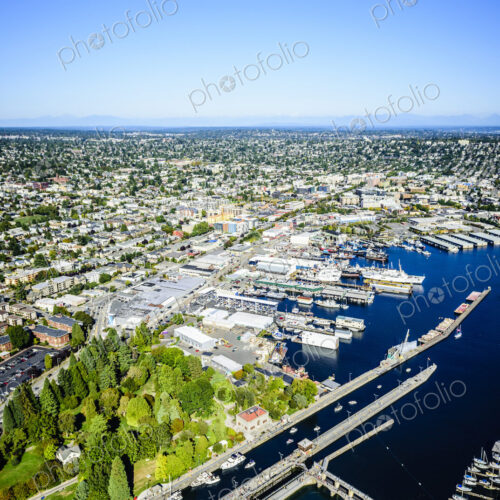 Aerial view of Ballard Locks in Seattle cityscape, Washington, United States