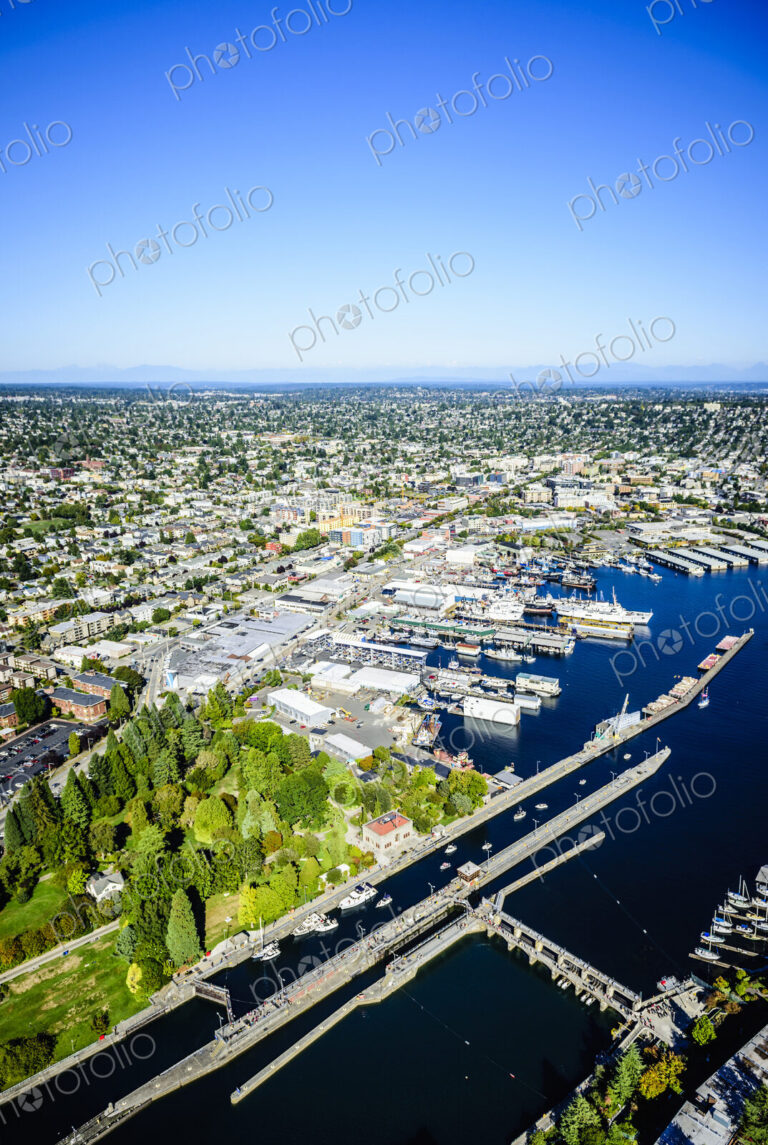 Aerial view of Ballard Locks in Seattle cityscape, Washington, United States