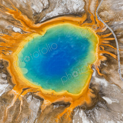 Aerial view of Grand Prismatic Spring, Midway Geyser Basin, Yellowstone National Park,… Aerial view of Grand Prismatic Spring, Midway Geyser Basin, Yellowstone National Park,…