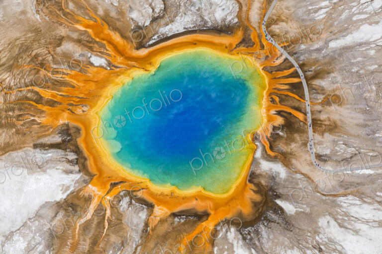Aerial view of Grand Prismatic Spring, Midway Geyser Basin, Yellowstone National Park,…