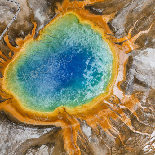 Aerial view of Grand Prismatic Spring, Midway Geyser Basin, Yellowstone National Park,… Aerial view of Grand Prismatic Spring, Midway Geyser Basin, Yellowstone National Park,…