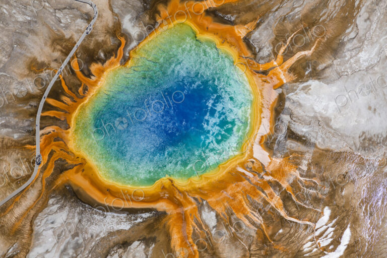 Aerial view of Grand Prismatic Spring, Midway Geyser Basin, Yellowstone National Park,…